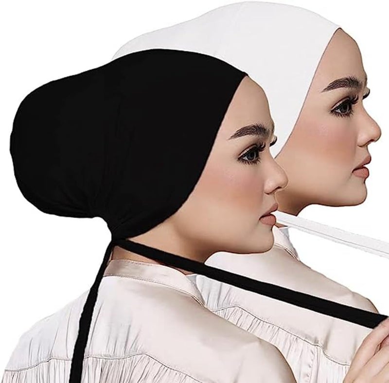ASKIND 2 Pcs Adjustable Hijab, Undercap Under Scarf Hat Turban Beanie Cap Muslim Inner Cap Solid Color Hijab (Black and White) - Image 1