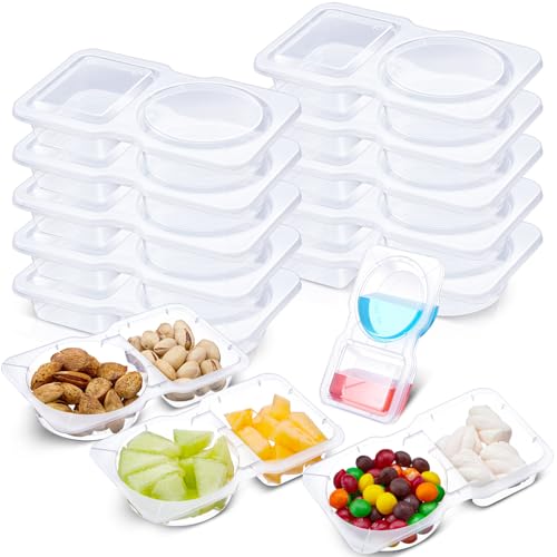 Blushtier 10 Pcs 5 oz Double Compartment Snack Containers with Lids Clear 2 Compartment Small Disposable Plastic Snack Box Container for Sauce Salad Travel Sampling - Image 1