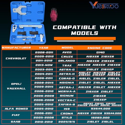 Yuesstloo طقم أدوات قفل توقيت محاذاة عمود الكامات 9 قطع مع مفتاح مضخة الماء، متوافق مع شيفروليه كروز أفيوا أورلاندو فوكستون أوبل أسترا مرفيا فيكترا زافيرا ألفا روميو فيات 16V 1.4 1.6 1.8 - Image 2