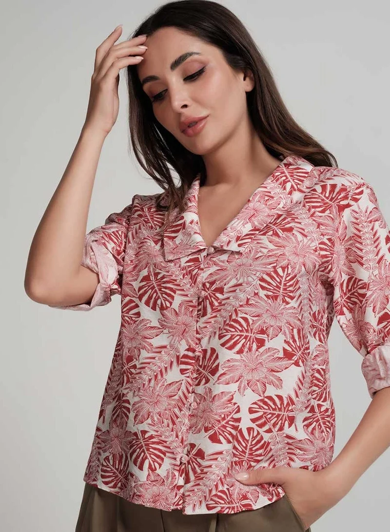 Zigzag Large Collared Vneck Printed Red Top