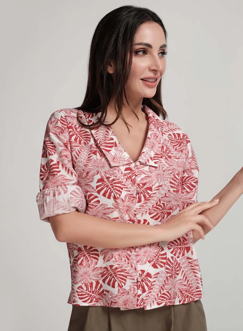 Zigzag Large Collared Vneck Printed Red Top