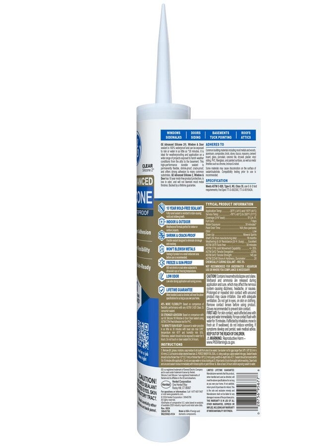 GE Advanced Silicone Caulk for Window & Door - 100% Waterproof Silicone Sealant, 5X Stronger Adhesion, Shrink & Crack Proof - 10 oz Cartridge, Clear, Pack of 1 - Image 2
