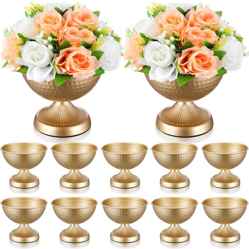 Yiyiring 12 Pcs Gold Urn Vases for Centerpieces 6 Inch Hammered Compote Bowl Vases Set for Wedding Vintage Metal Vase Table Decoration with Anti-Slip Mat for Christmas Anniversary Party - Image 1