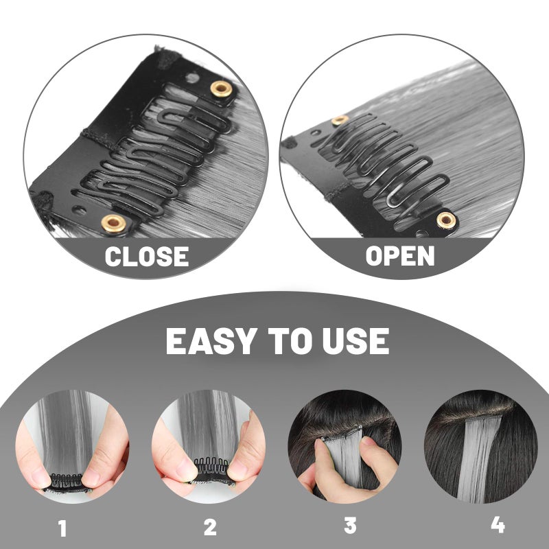 TOFAFA 22 inch Colored Hair Extensions Straight Hairpiece, Multi-colors Party Highlights Clip in Synthetic Hair Extensions for Girls Women Kids Favor Gift(10 PCS Grey) - Image 3