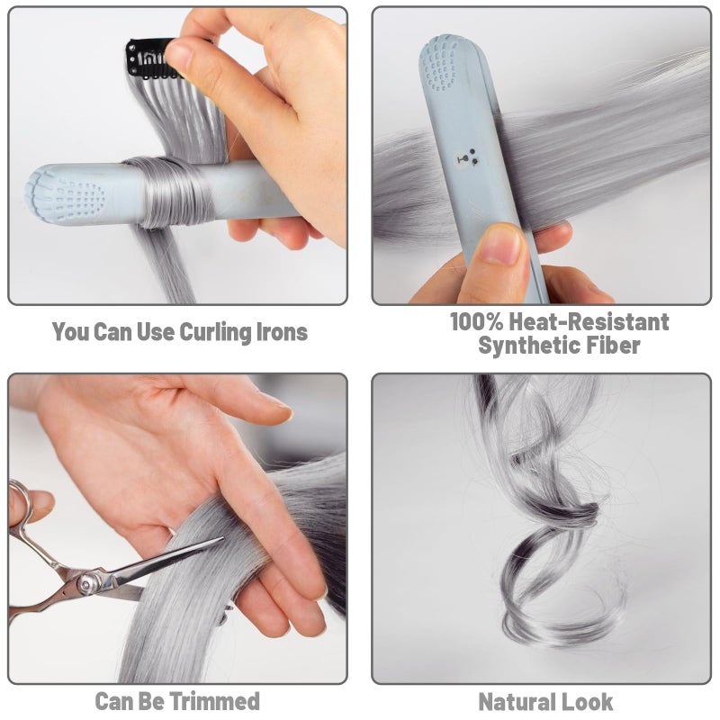 TOFAFA 22 inch Colored Hair Extensions Straight Hairpiece, Multi-colors Party Highlights Clip in Synthetic Hair Extensions for Girls Women Kids Favor Gift(10 PCS Grey) - Image 5