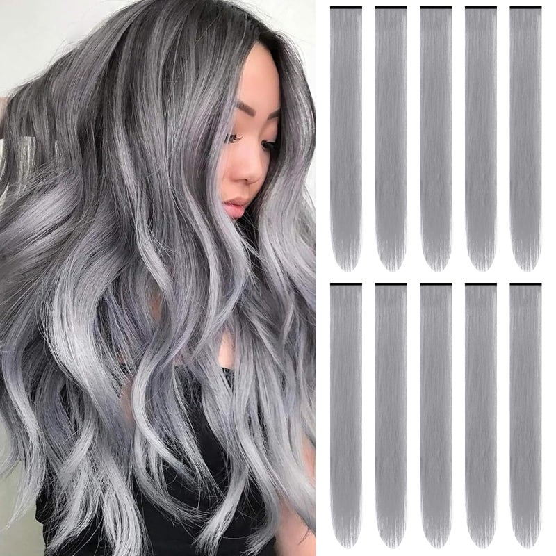 TOFAFA 22 inch Colored Hair Extensions Straight Hairpiece, Multi-colors Party Highlights Clip in Synthetic Hair Extensions for Girls Women Kids Favor Gift(10 PCS Grey) - Image 1