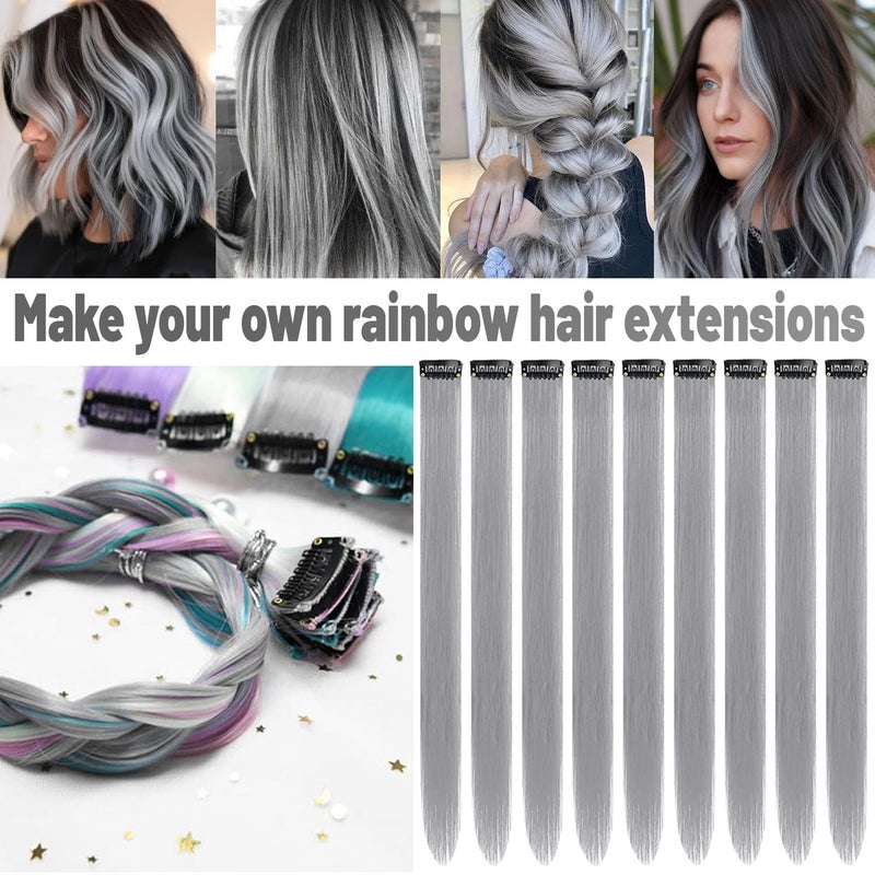 TOFAFA 22 inch Colored Hair Extensions Straight Hairpiece, Multi-colors Party Highlights Clip in Synthetic Hair Extensions for Girls Women Kids Favor Gift(10 PCS Grey) - Image 2
