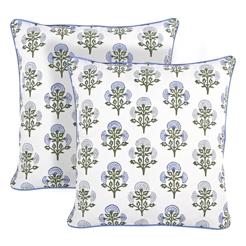 Ridhi Block Print Mughal Buta Blue Pillow Cover 18 x 18 Pack of 2 Decorative Couch Pillows for Living Room Farmhouse Chic Boho Cute Outdoor Pillows Covers Gifts for Spring Mothers Day - Image 1