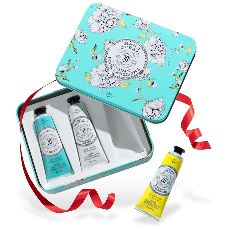 La Chatelaine Hand Cream Trio Tin Gift Set Natural Hand Lotion Made in France with 20 Organic Shea Butter Moisturizing Gardenia White Grapefruit Citrus Fizz 3 x 1 fl