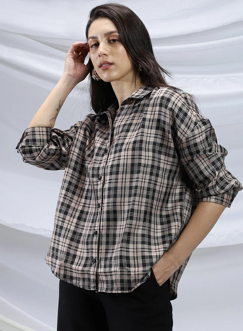 Pinacolada Onyx Black & Khaki Beige Women's Onyx Black & Khaki Beige Tartan Plaid Relaxed Shirt for Women | Best Price UAE