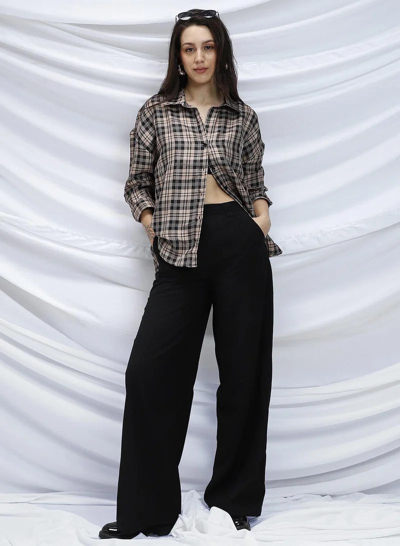 Pinacolada Onyx Black & Khaki Beige Women's Onyx Black & Khaki Beige Tartan Plaid Relaxed Shirt for Women | Best Price UAE