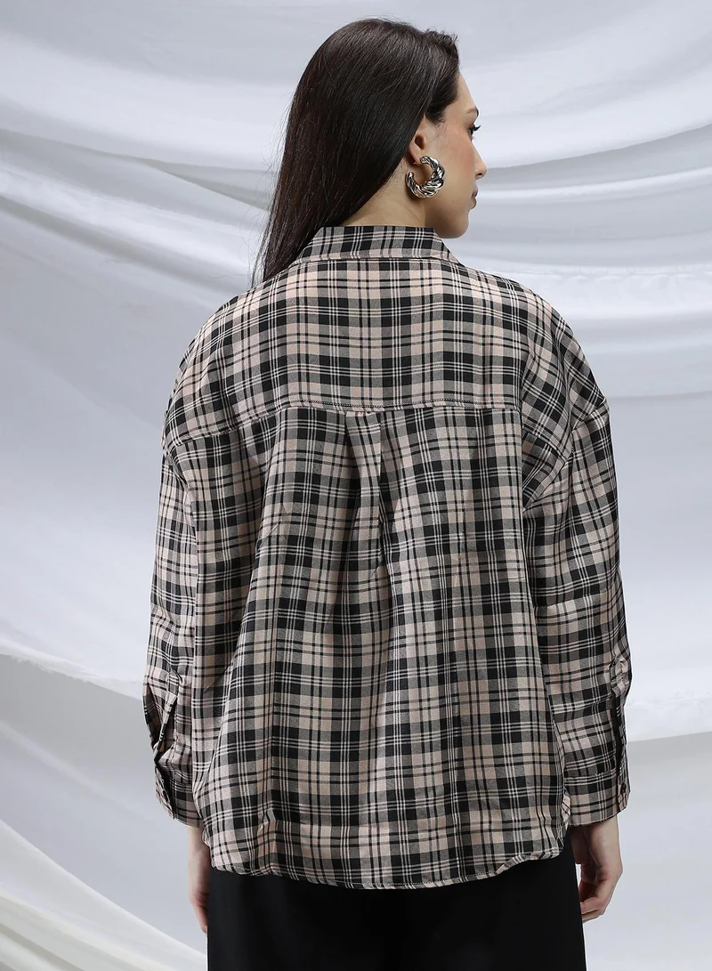 Pinacolada Onyx Black & Khaki Beige Women's Onyx Black & Khaki Beige Tartan Plaid Relaxed Shirt for Women | Best Price UAE