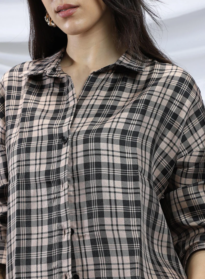 Pinacolada Onyx Black & Khaki Beige Women's Onyx Black & Khaki Beige Tartan Plaid Relaxed Shirt for Women | Best Price UAE
