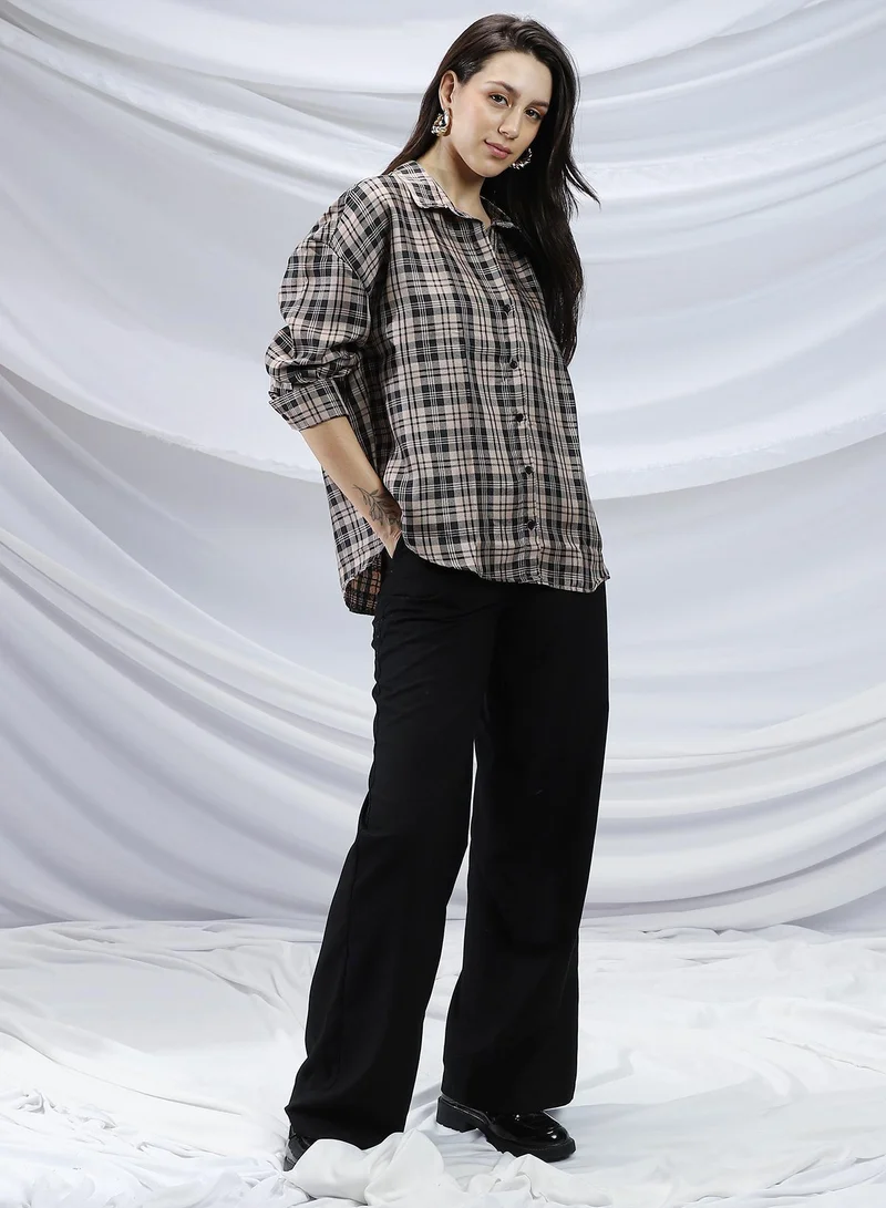 Pinacolada Onyx Black & Khaki Beige Women's Onyx Black & Khaki Beige Tartan Plaid Relaxed Shirt for Women | Best Price UAE