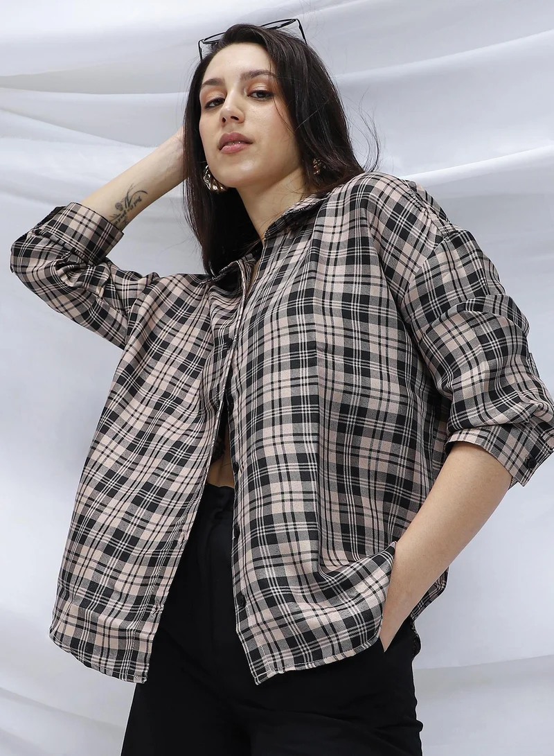 Campus Sutra Women's Onyx Black & Khaki Beige Tartan Plaid Relaxed Shirt