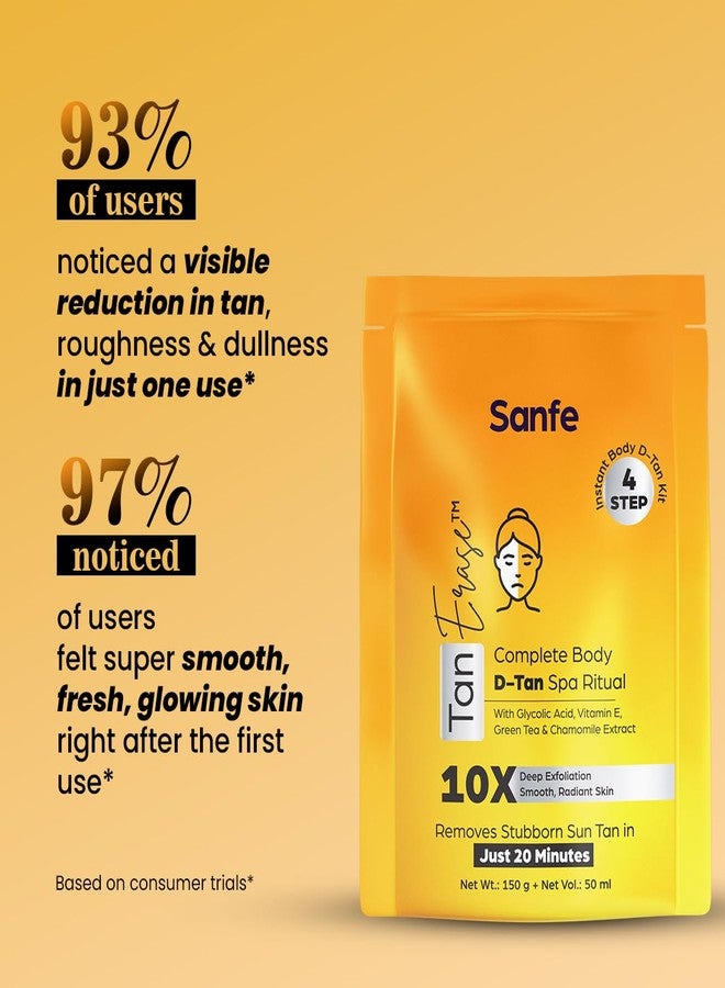 Sanfe Tan Erase Complete Body D-Tan Kit | 150gm + 50ml | 4-Step Body D-Tan Spa Ritual | Removes Stubborn Sun Tan in 20 Minutes | With Glycolic Acid, Vitamin E & Green Tea | Smooth, Radiant Skin - Image 4