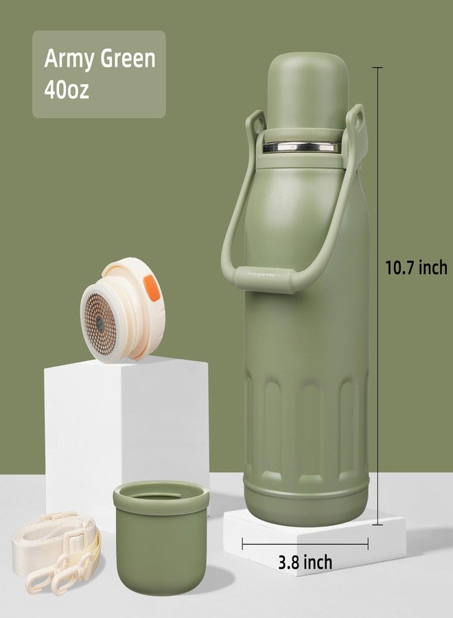 Konokyo Insulated Water Bottle with Handle and Strap,Vacuum Travel Tumbler with Cup Lid,Thermo Coffee Cup for Hot Cold Drinks 40 OZ,Army Green - Image 2