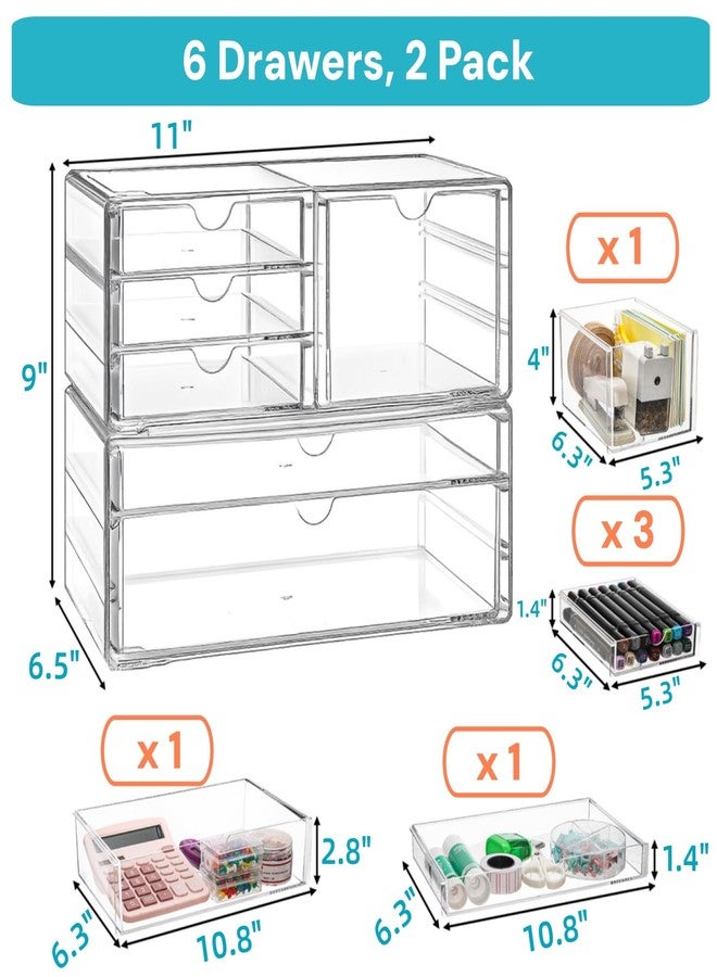 Jowgut Acrylic Makeup Organizer with 6 Drawers, 11" Stackable Office Desk Organizer Accessories, Clear Bathroom Storage Drawers for Makeup Palettes, Cosmetics, Vanity, Art Craft Supplies - Image 2