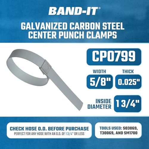 BAND-IT CP0799 5/8" Wide x 0.025" Thick 1-3/4" Diameter, Galvanized Carbon Steel Center Punch Clamp (100 Per Box) - Image 2