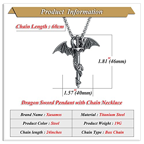 Xusamss Punk Titanium Steel Dragon Sword Wing Pendant Necklaces - Image 2