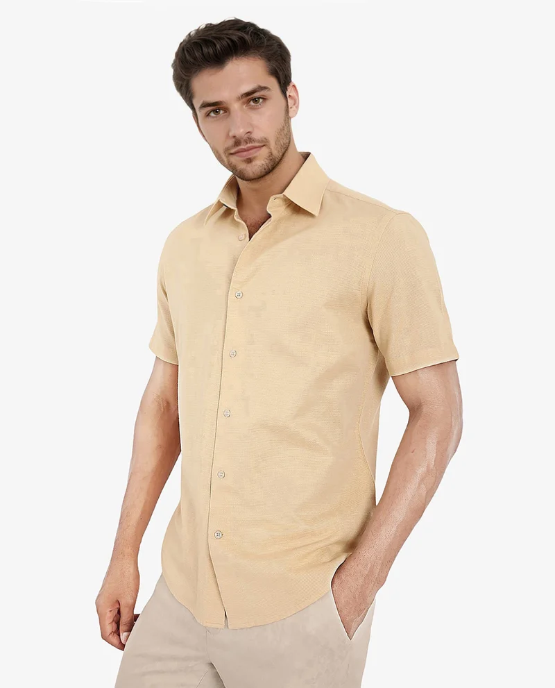 Rare Rabbit Rare Rabbit Men's Matto Light Yellow Cotton Fabric Short Sleeve Regular Fit Self Stripe Dobby Shirt
