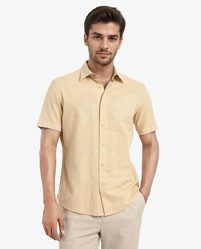 Rare Rabbit Rare Rabbit Men's Matto Light Yellow Cotton Fabric Short Sleeve Regular Fit Self Stripe Dobby Shirt