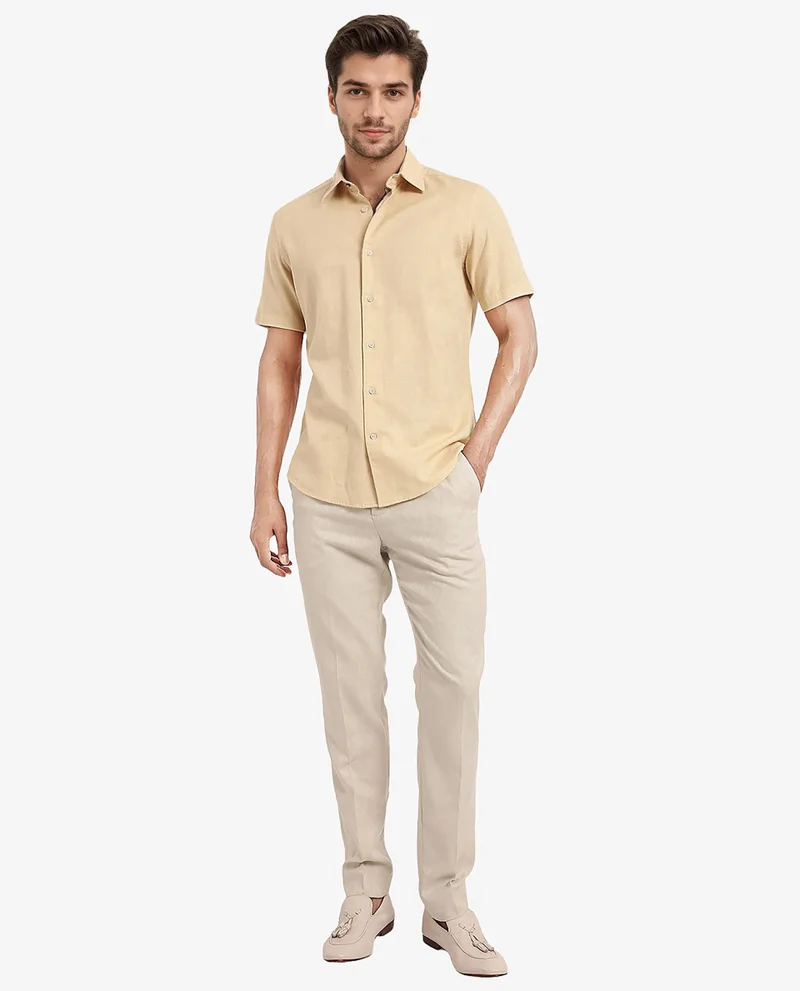 Rare Rabbit Rare Rabbit Men's Matto Light Yellow Cotton Fabric Short Sleeve Regular Fit Self Stripe Dobby Shirt