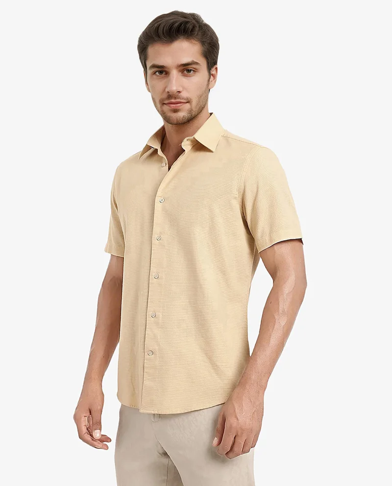 Rare Rabbit Rare Rabbit Men's Matto Light Yellow Cotton Fabric Short Sleeve Regular Fit Self Stripe Dobby Shirt