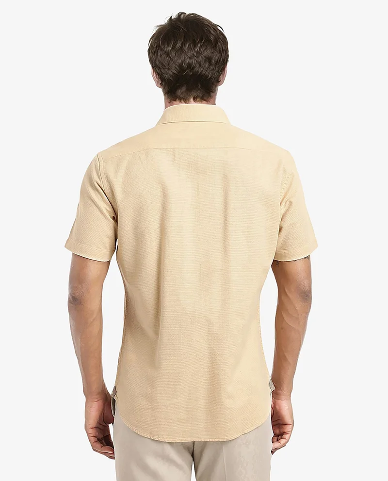 Rare Rabbit Rare Rabbit Men's Matto Light Yellow Cotton Fabric Short Sleeve Regular Fit Self Stripe Dobby Shirt