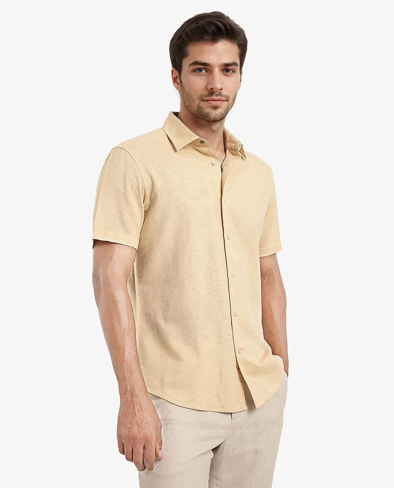 Rare Rabbit Rare Rabbit Men's Matto Light Yellow Cotton Fabric Short Sleeve Regular Fit Self Stripe Dobby Shirt