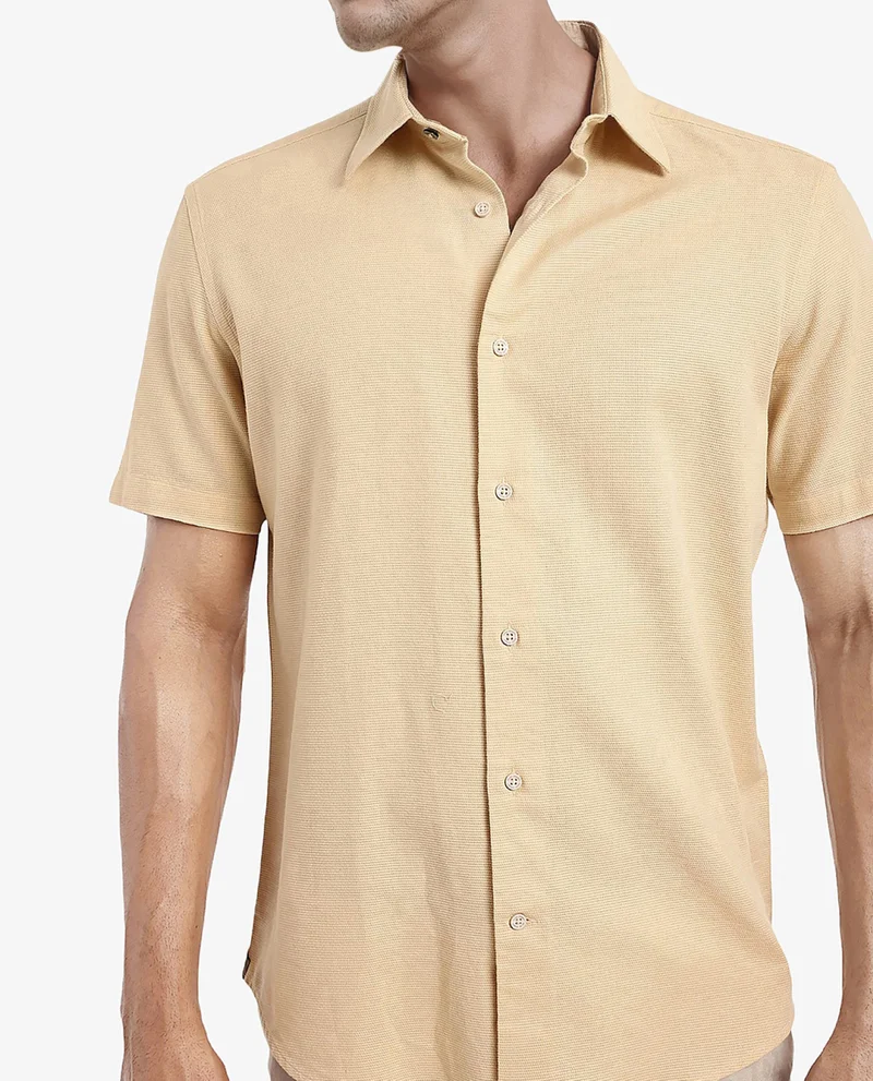 Rare Rabbit Rare Rabbit Men's Matto Light Yellow Cotton Fabric Short Sleeve Regular Fit Self Stripe Dobby Shirt