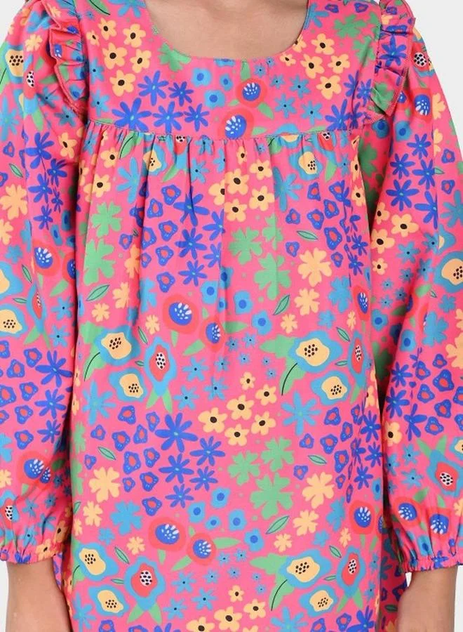 Bonkids Girl's Multicolour 100% Cotton Printed Regular Fit Dress