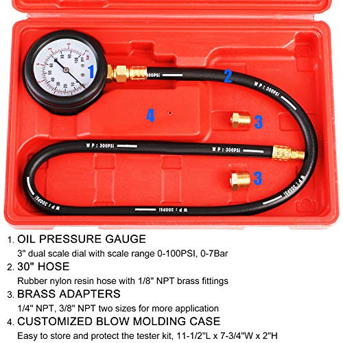 JIFETOR Oil Pressure Tester Kit, Professional Engine Diagnostic Test, 100PSI Pressure Gauge Tool with Hose Adapter for Truck Car ATV - Image 2