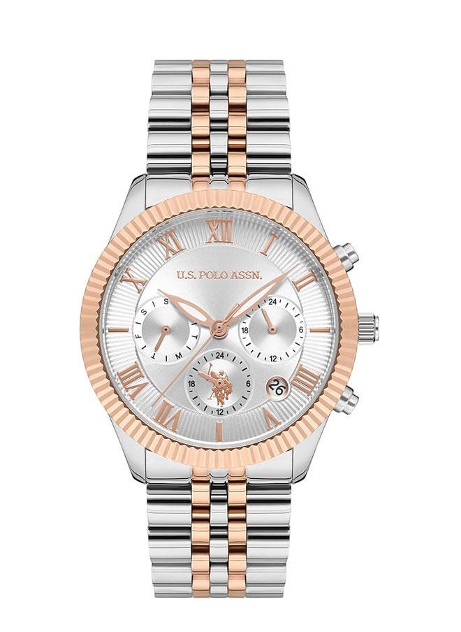 U.S. Polo Assn. U.S. Polo Assn. Crossing 38mm Ladies' Watch with Classic Silver Dial, Rose Gold Etched Bezel & Dual-Toned Bracelet - USPA2040-02, Perfect Blend of Sophistication and Style  - Image 1