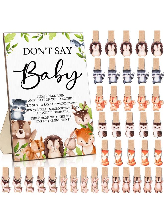 Unittype 51 Pcs Don't Say Baby Shower Game Supplies Include Baby Shower Sign and 50 Mini Clothespins for Boys Girls Gender Reveal Baby Shower Prizes Game (Woodland Style) - Image 1