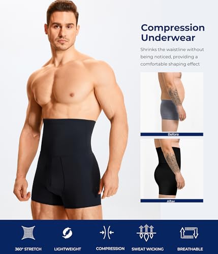 TAILONG Men Tummy Control Shorts High Waist Slimming Underwear Body Shaper Seamless Belly Girdle Boxer Briefs (Black with Fly, L) - Image 4