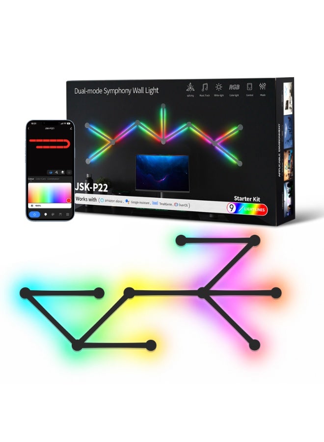 أضواء جدارية ذكية خطية، شرائط إضاءة LED RGB بتقنية الواي فاي، أكثر من 16 مليون لون قابل للتعتيم، مزامنة مع الموسيقى، شرائط إضاءة قابلة للتخصيص لديكور المنزل ومناسبة لعشاق الألعاب والحفلات والبث المباشر، متوافقة مع أليكسا ومساعد جوجل (9 خطوط، لون أسود) - Image 1