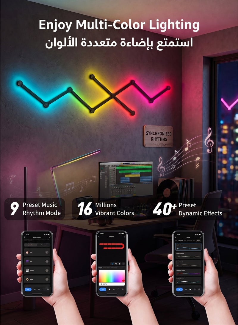 أضواء جدارية ذكية خطية، شرائط إضاءة LED RGB بتقنية الواي فاي، أكثر من 16 مليون لون قابل للتعتيم، مزامنة مع الموسيقى، شرائط إضاءة قابلة للتخصيص لديكور المنزل ومناسبة لعشاق الألعاب والحفلات والبث المباشر، متوافقة مع أليكسا ومساعد جوجل (9 خطوط، لون أسود) - Image 5