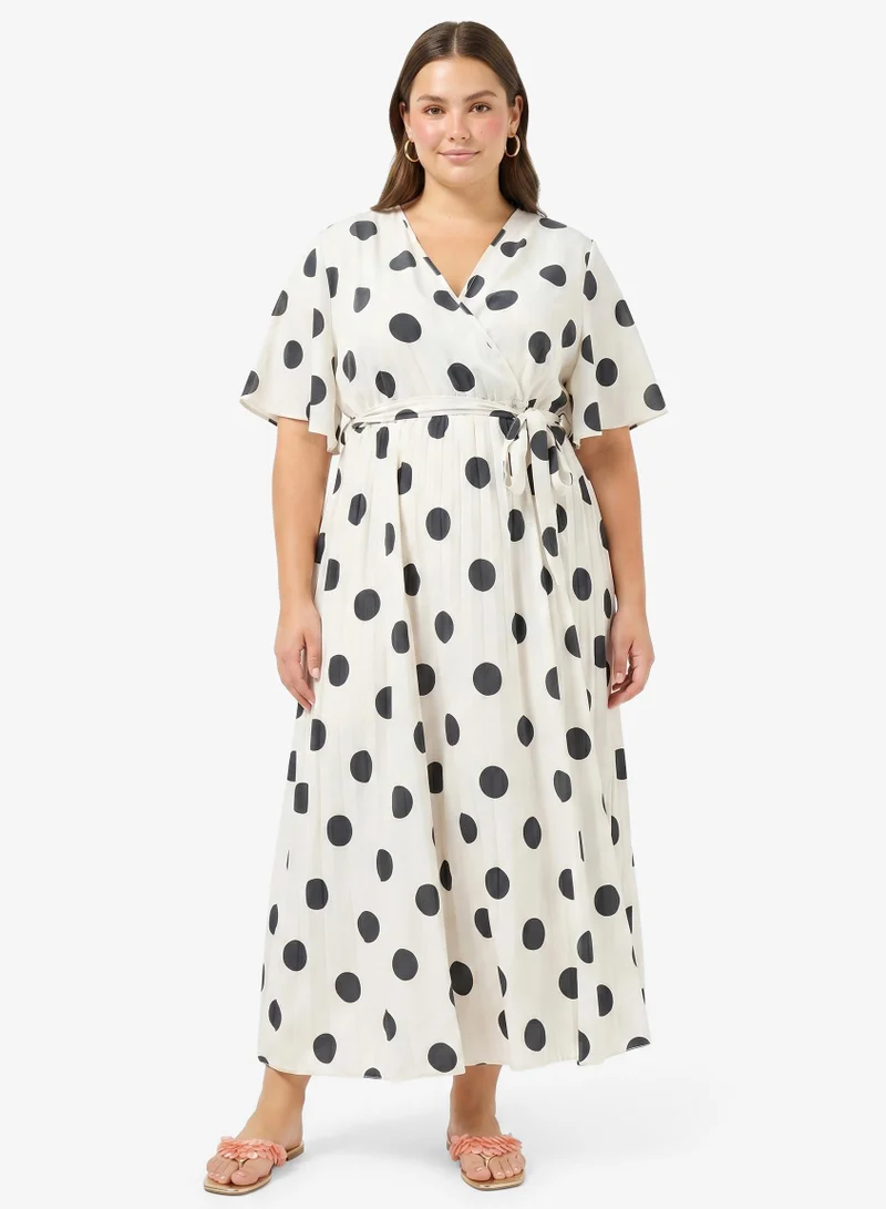 Ginger Plus Polk Dot Wrap Around Pleated A Line Dress