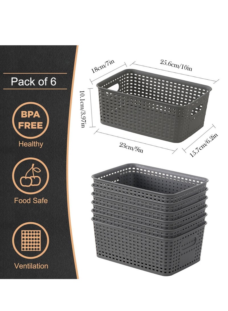 general 6-Pack Plastic Storage Baskets Set of Stackable Weave Baskets Sturdy Storage Containers with Handle for Shelves, Desktops, Cabinets, Bedrooms, Office (Grey) - Image 3