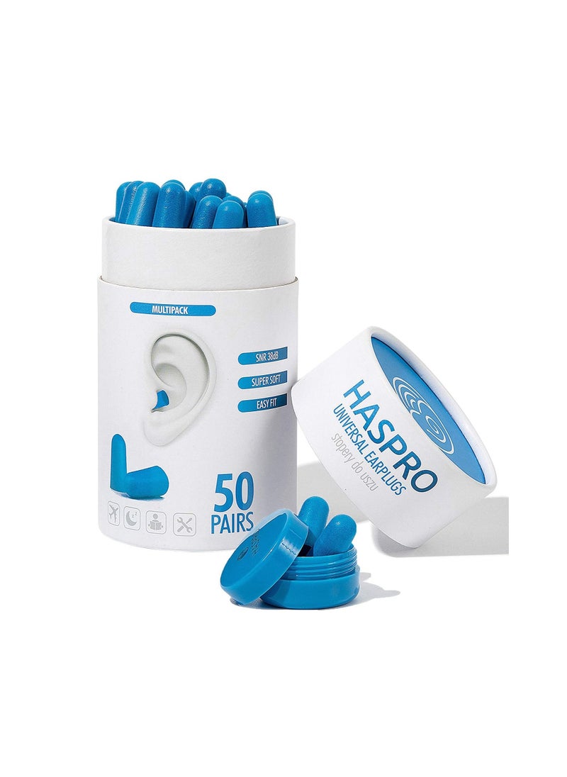 HASPRO - HASPRO [50 PAIRS] Eco-Friendly Bulk Pack, Ultra Soft Foam Earplugs in GIGA Tube with Carry Case, Best Earplugs for Noise Canceling, Snoring, Work, DIY, Noise Reduction SNR 38dB (Blue) - Image 1