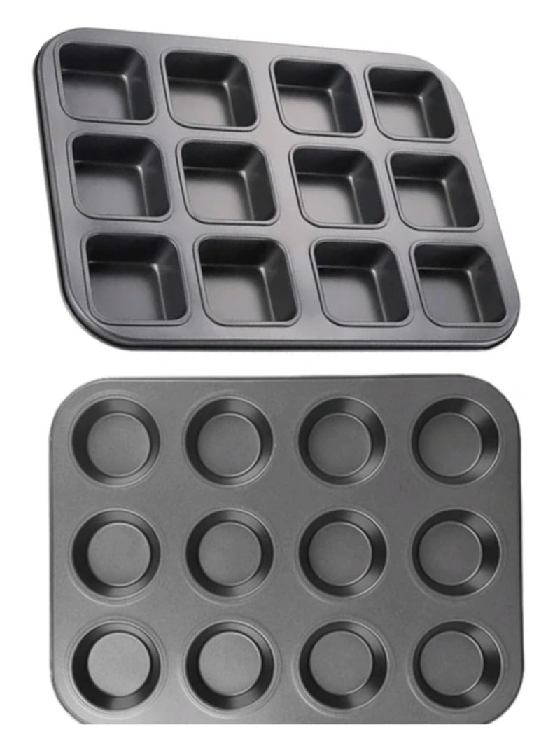 SHOAIB Baking Tray Set 12Slots Square Shape Brownie Cake Baking Tray and 12Cups Muffin Cupcake Baking Mould Mini loaf pan Brownie Baking tin Cake Baking Mold - Image 1