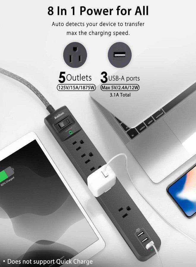 Addtam Extension Cord 15ft - Long Power Strip Surge Protector, Flat Plug, Overload Surge Protection, 5 Outlets 3 USB Charging Ports, Multi Plug Outlet Extender for Indoor Home Office Dorm Room - Image 2