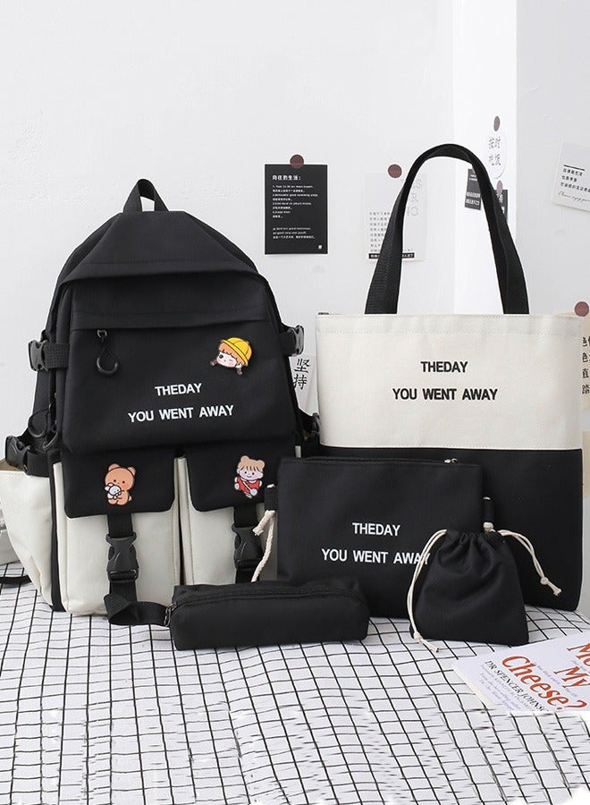 New Style Large Capacity School Backpack Set Waterproof Canvas Bookbag With Pencil Pouch For Middle High College Students Black/White  - Image 1