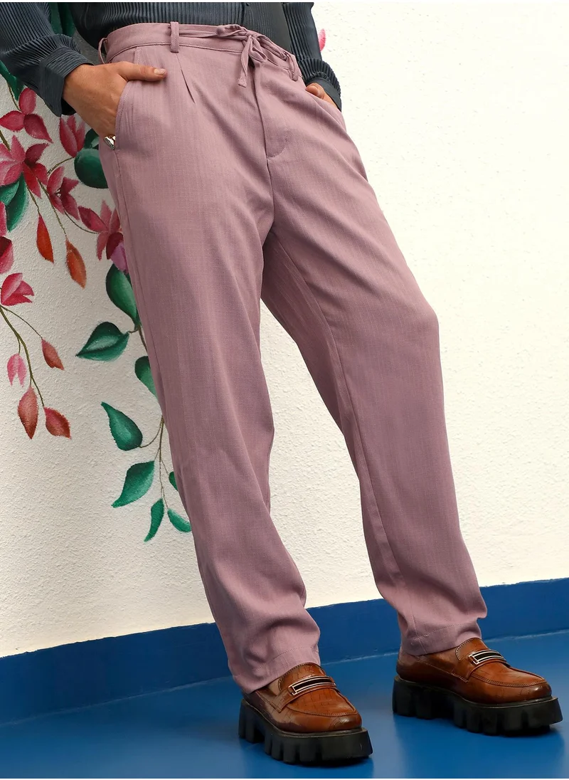 Campus Sutra Men's Mauve Pink Tailored Linen-Blend Trousers