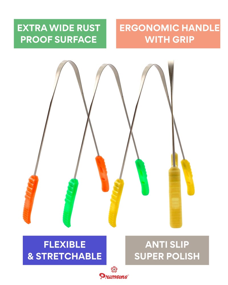 Premsons® Stainless Steel Tongue Cleaner | Ergonomic Grip Handles | Flexible, Rust-Free, Durable Oral Scraper for Fresh Breath & Hygiene | Polished Finish - Assorted Colours - Pack of 2 - Image 3