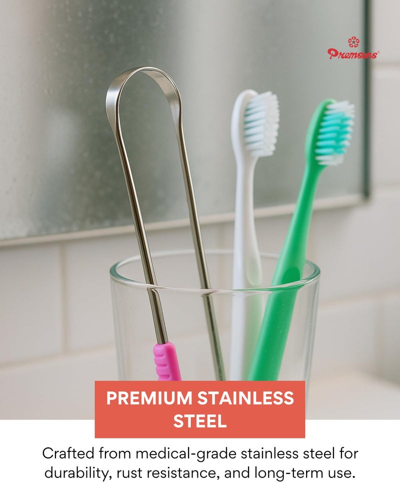 Premsons® Stainless Steel Tongue Cleaner | Ergonomic Grip Handles | Flexible, Rust-Free, Durable Oral Scraper for Fresh Breath & Hygiene | Polished Finish - Assorted Colours - Pack of 2 - Image 4