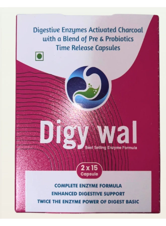 Digy-Wal Digestive Enzyme Capsules 30’s – Activated Charcoal, Probiotics & Prebiotics for Gut Health | Relieves Bloating, Gas & Indigestion