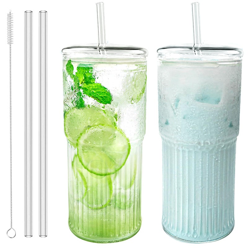 Luiaiog Glass Cups with Lids and Glass Straws, High Borosilicate 20OZ Tumblers (2Pcs) for Coffee, Tea, Juice, Smoothies, Hot/Cold Drinks at Home, Officeï¼ˆCreative Drink Label Designï¼‰ - Image 1