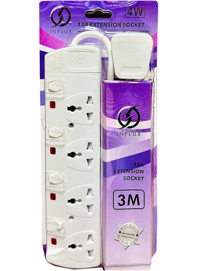 INFLUX INFLUX Extension cord with 4-Outlet and 3M 1mm wire Power Extension with Surge Protector - Durable Power Extension Cable, Extenson with Individual Safety Buttons, Power Strip plug extension for Home  - Image 1
